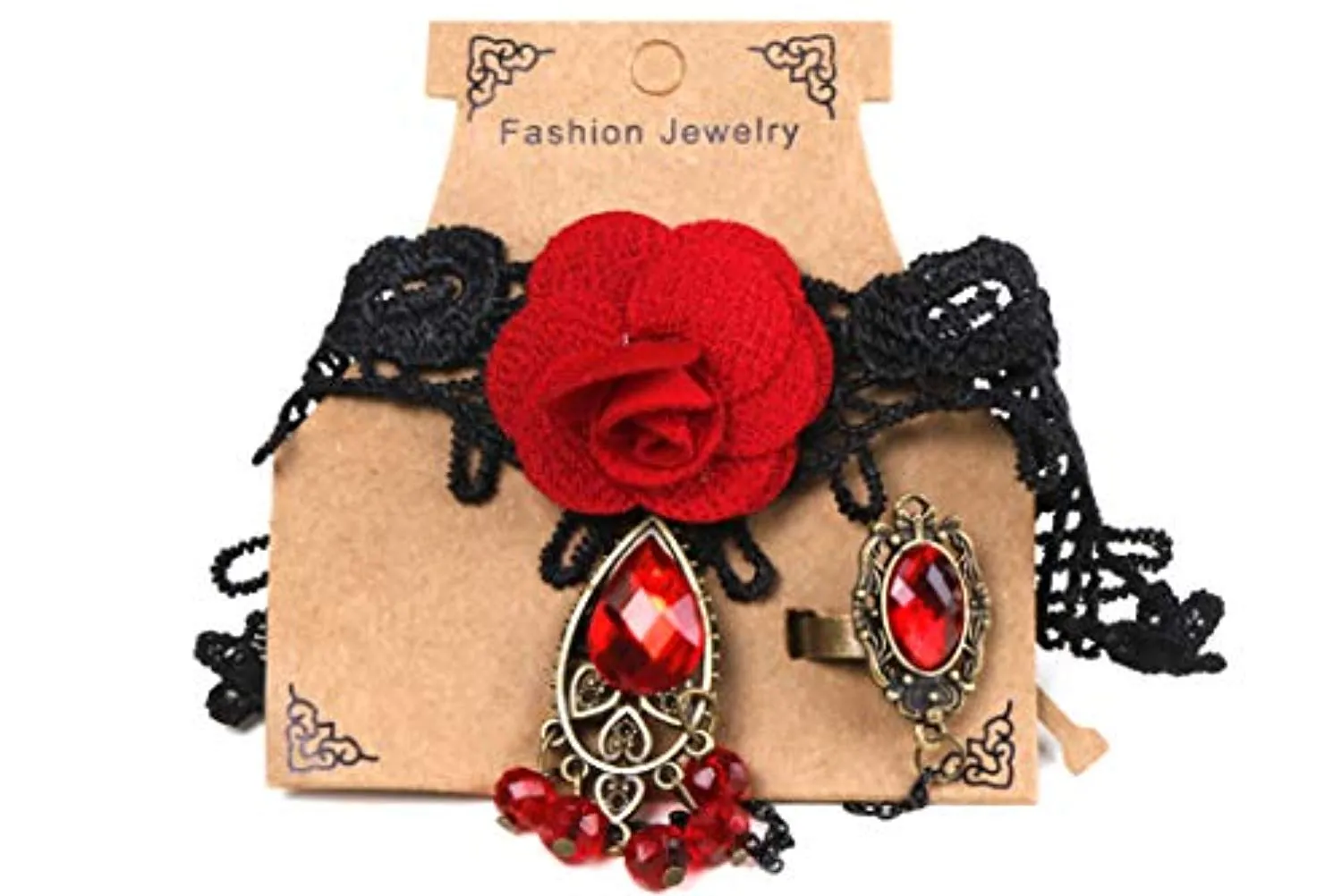 Electomania Red Black Rose Lace with Finger Ring Bracelet for Women (Red)