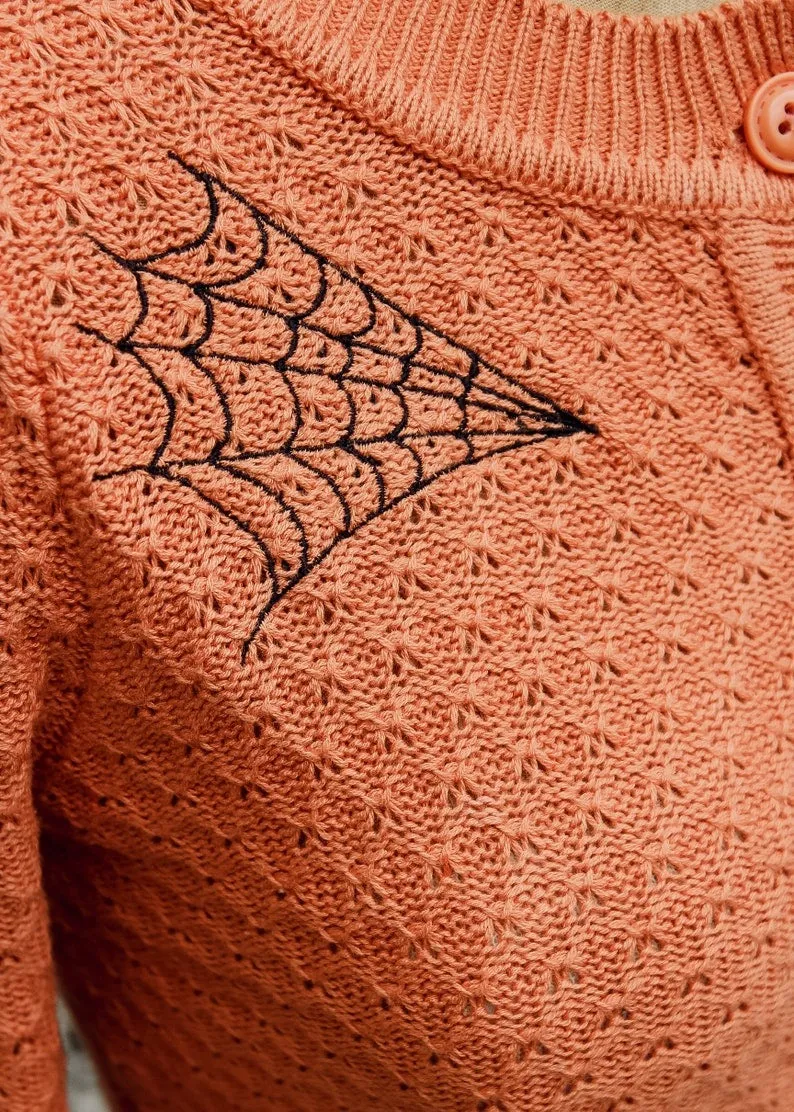 Embroidered Orange Knit Sweater Cardigan - Spiderweb Rockabilly Button Up Sweater #OEC