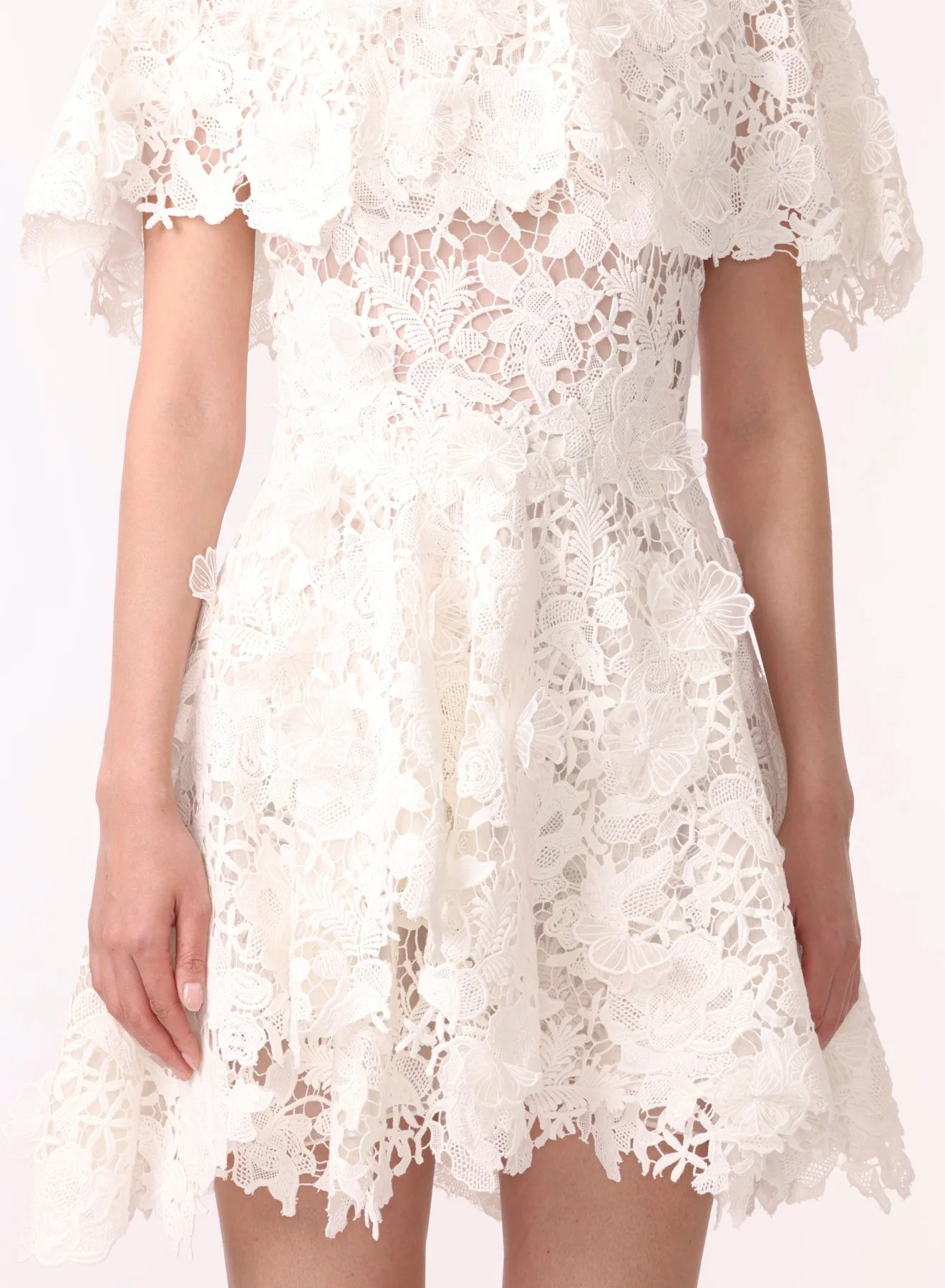 FLORAL GUIPURE LACE CAPE DRESS WITH EMBROIDERED FLOWERS