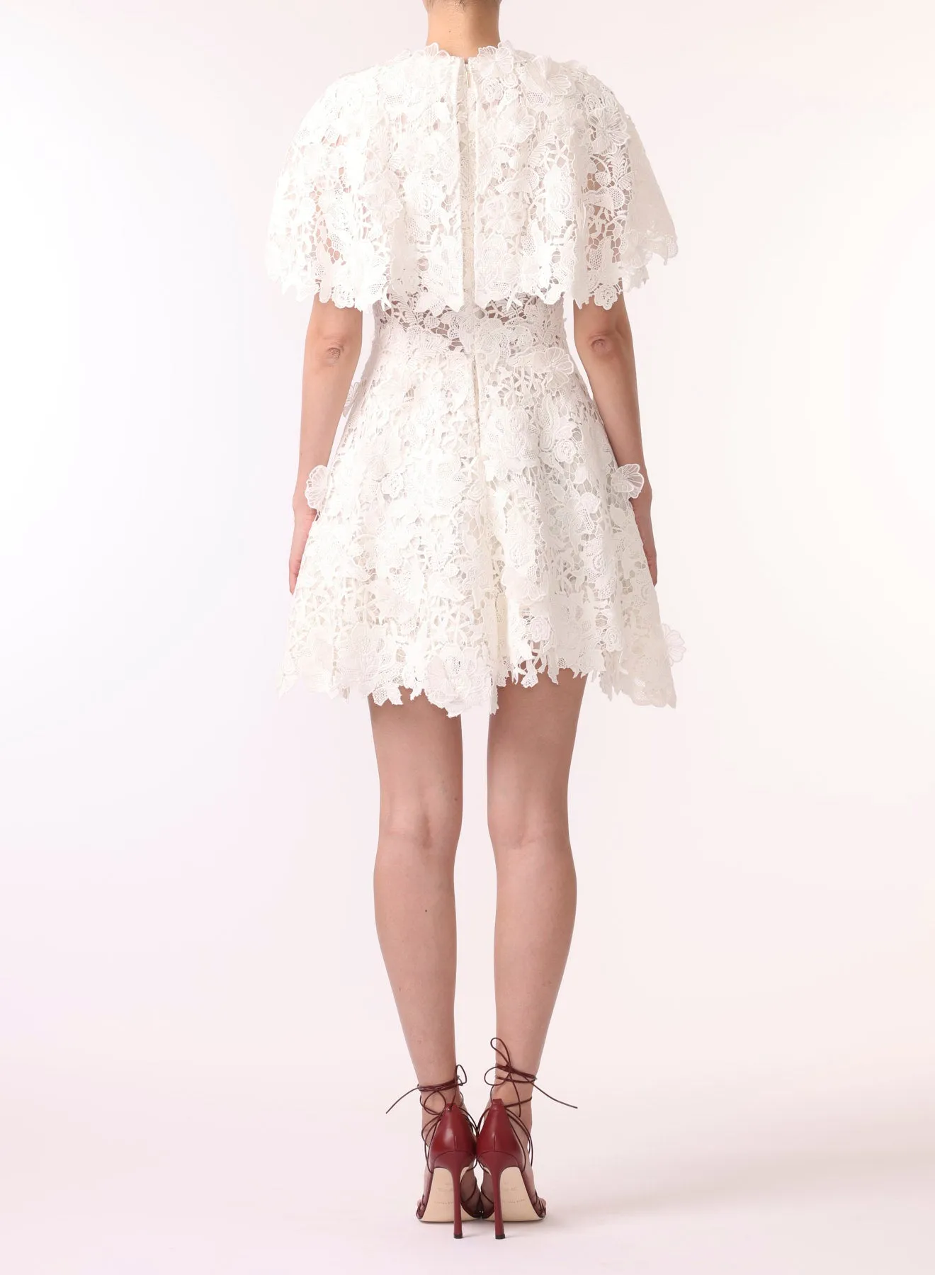 FLORAL GUIPURE LACE CAPE DRESS WITH EMBROIDERED FLOWERS