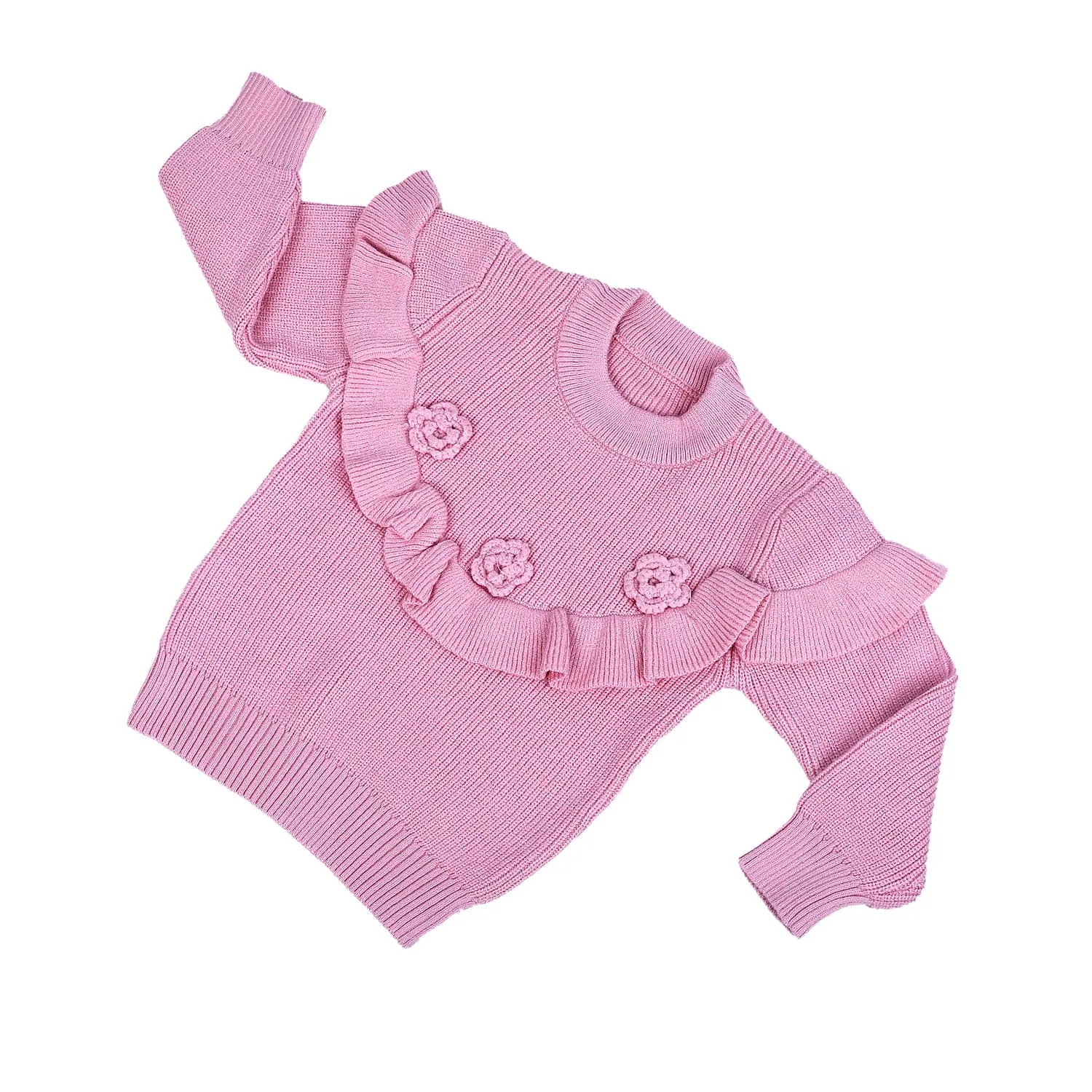 Flowers And Frills Premium Full Sleeves Knitted Sweater - Pink