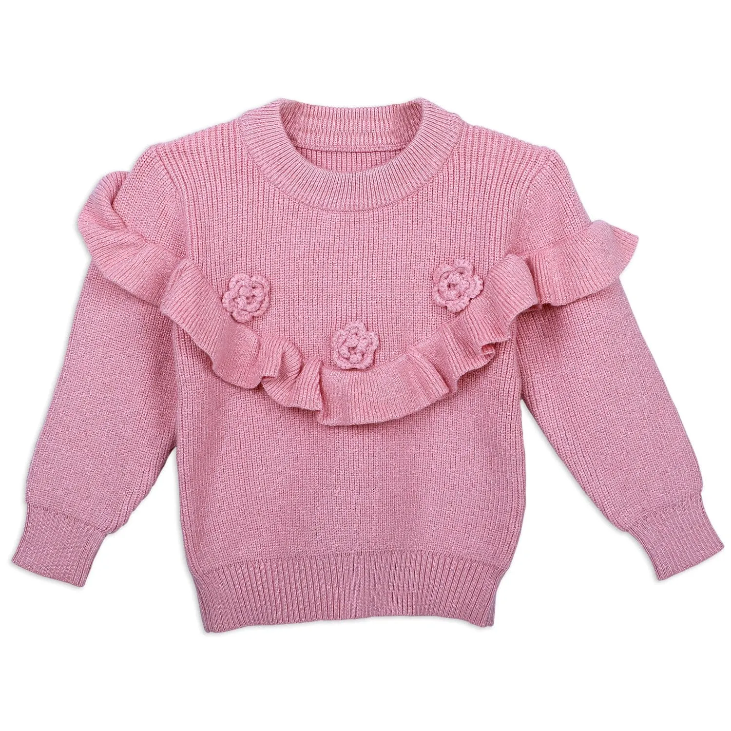 Flowers And Frills Premium Full Sleeves Knitted Sweater - Pink