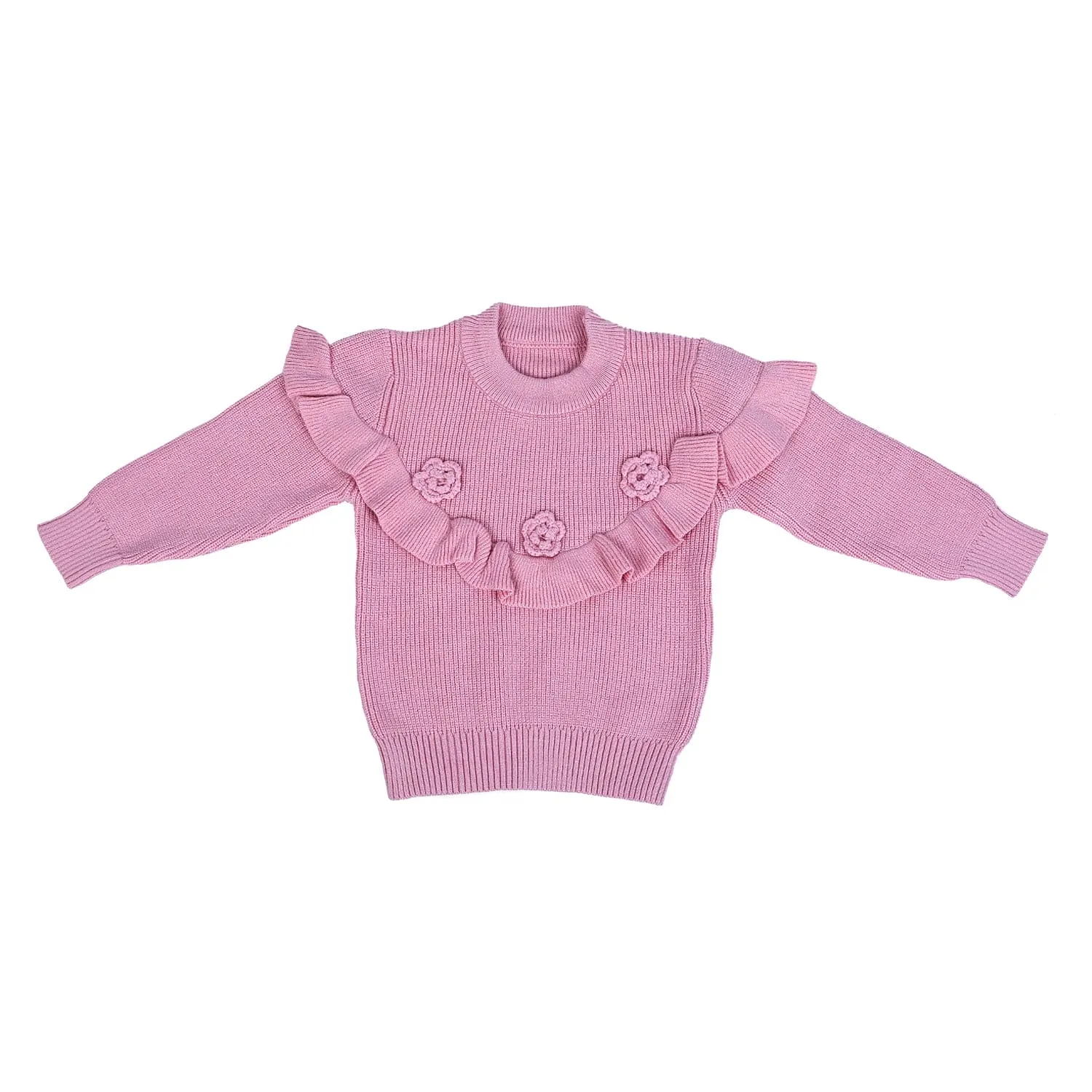 Flowers And Frills Premium Full Sleeves Knitted Sweater - Pink