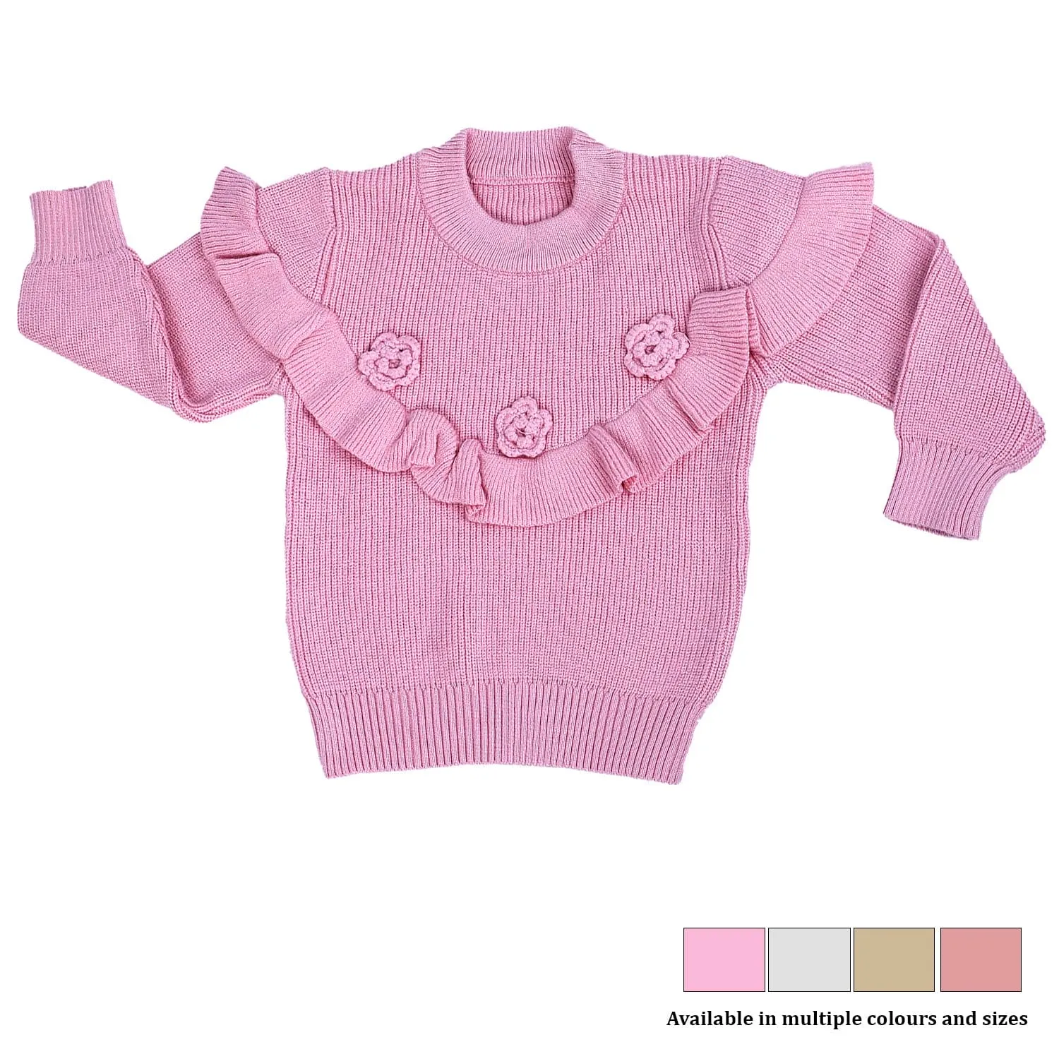 Flowers And Frills Premium Full Sleeves Knitted Sweater - Pink