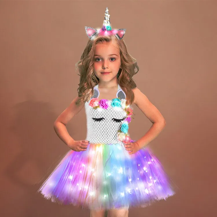 Girls Shiny Unicorn  Dress Glowing Kids Unicorn Dresses For Girls Hallowmas Party Princess Dress Children Clothing vestidos