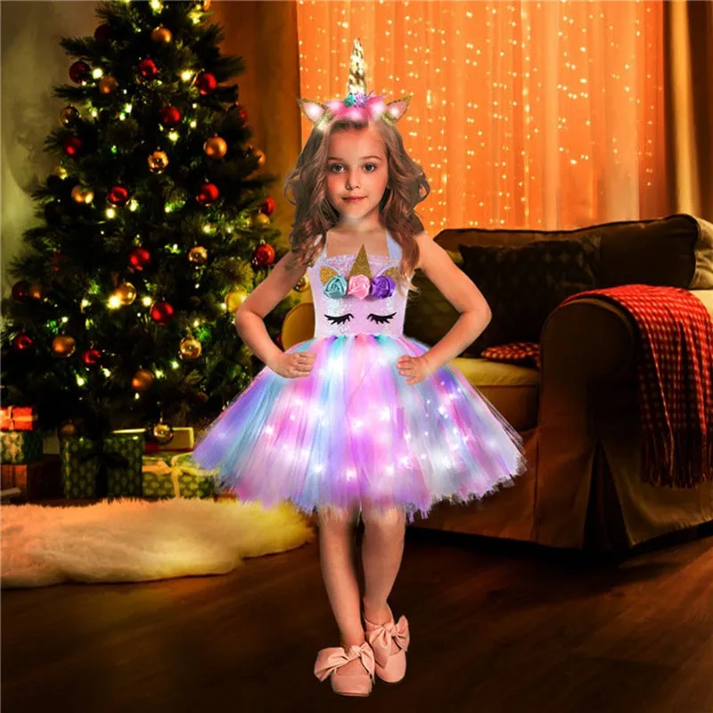 Girls Shiny Unicorn  Dress Glowing Kids Unicorn Dresses For Girls Hallowmas Party Princess Dress Children Clothing vestidos