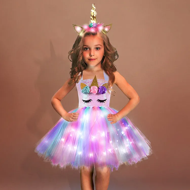 Girls Shiny Unicorn  Dress Glowing Kids Unicorn Dresses For Girls Hallowmas Party Princess Dress Children Clothing vestidos