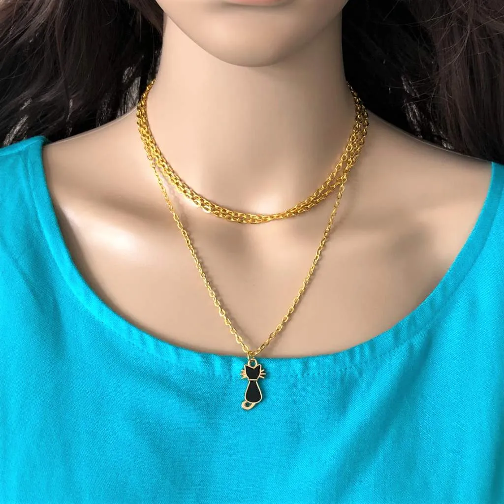 Gold Layered Necklace with Black Enamel Cat Charm