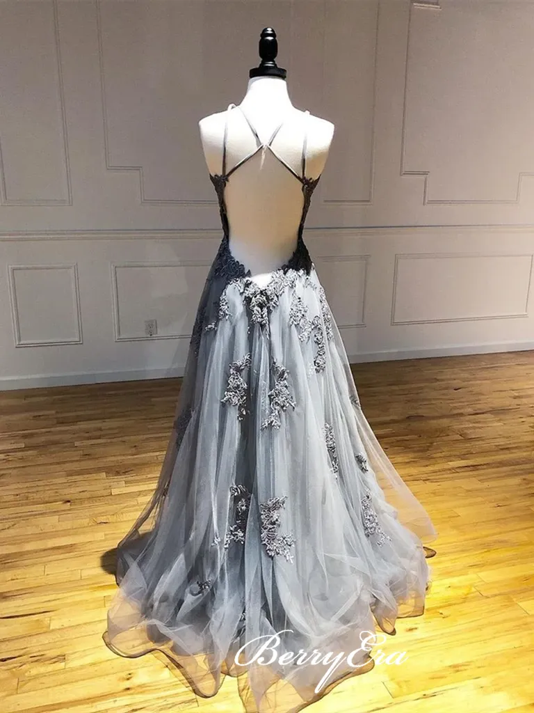 Grey Lace Appliques Long Prom Dresses, Tulle Prom Dresses, Popular Prom Dresses