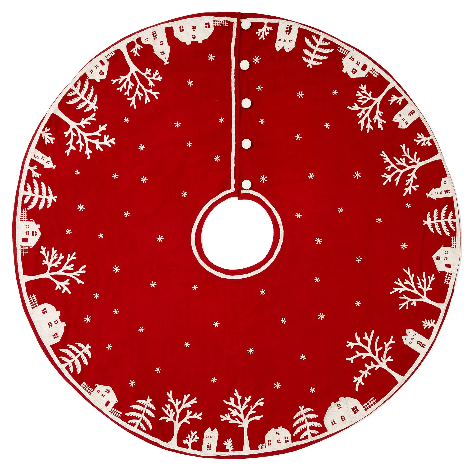 Handmade Christmas Tree Skirt in Cotton - Village Scene on Red - 60"