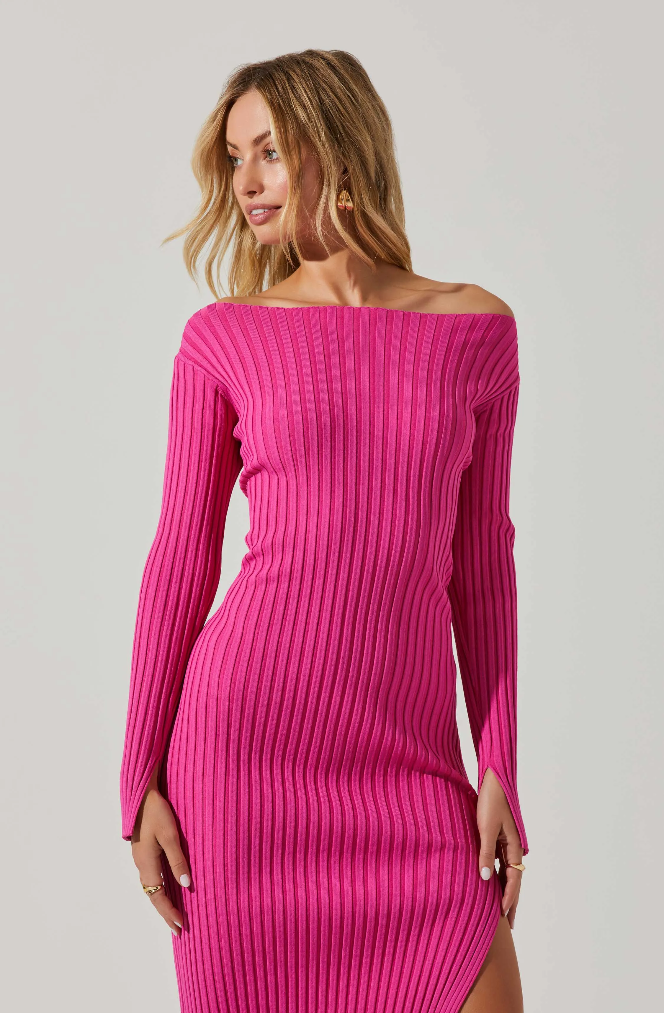 Hilaria Ribbed Knit Off Shoulder Sweater Midi Dress