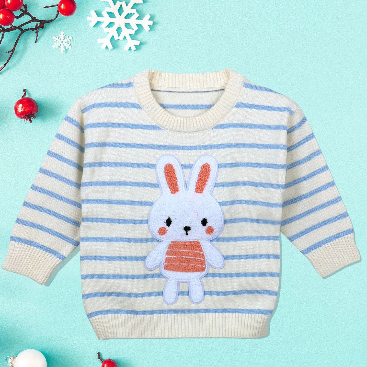 Hopping Rabbit Striped Premium Full Sleeves Knitted Sweater - Off White