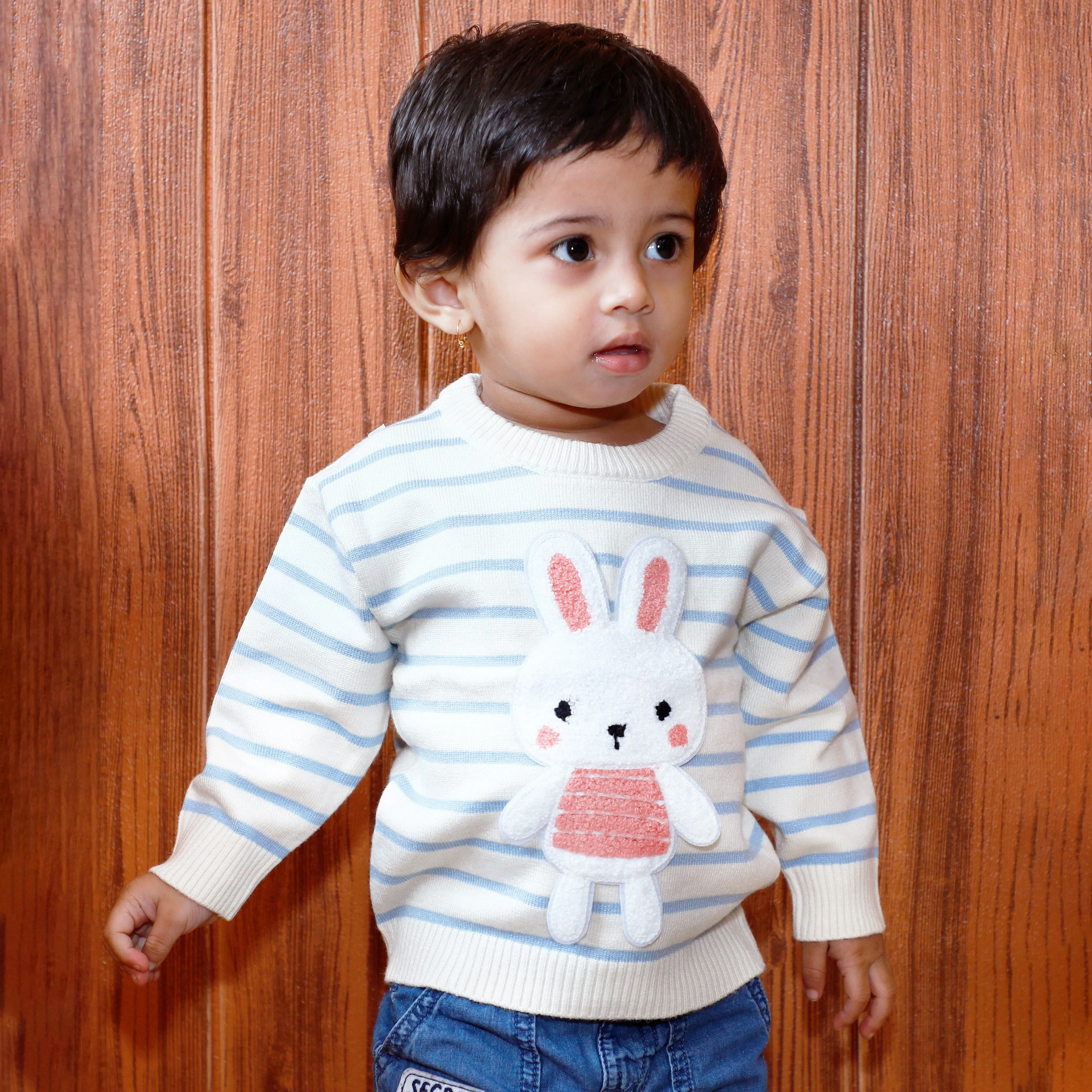 Hopping Rabbit Striped Premium Full Sleeves Knitted Sweater - Off White