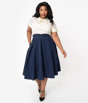 I Love Lucy x Unique Vintage Plus Size Navy Blue Fashion Show Swing Skirt