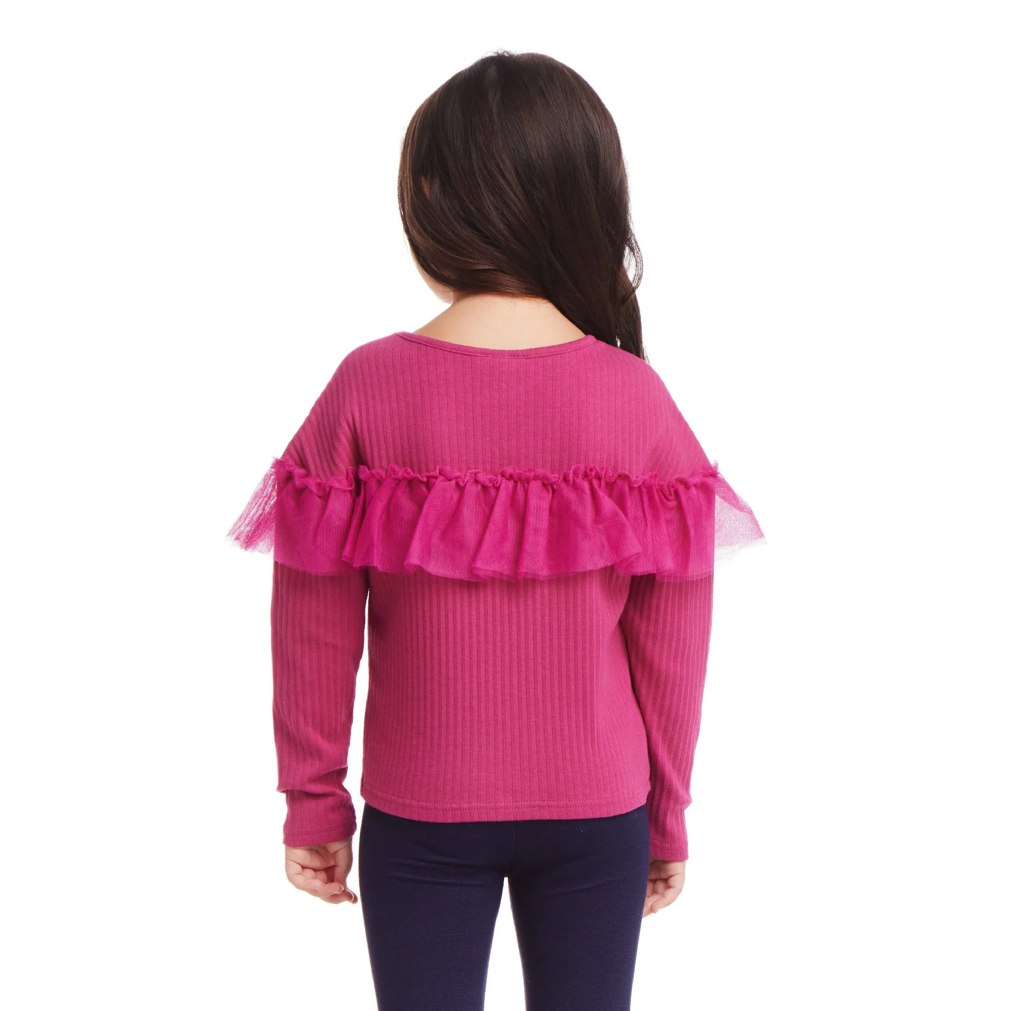 Kids Rib Knit Long Sleeve Ruffle Top | Hot Pink