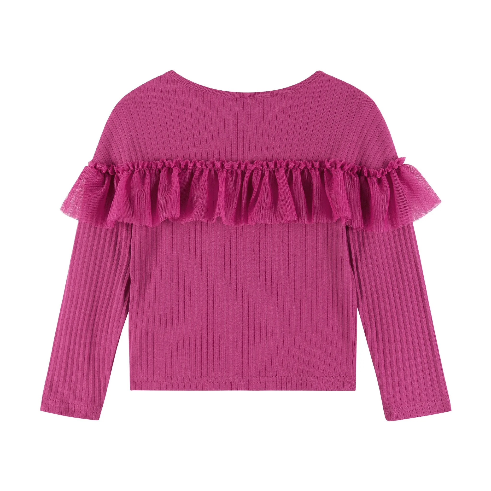 Kids Rib Knit Long Sleeve Ruffle Top | Hot Pink