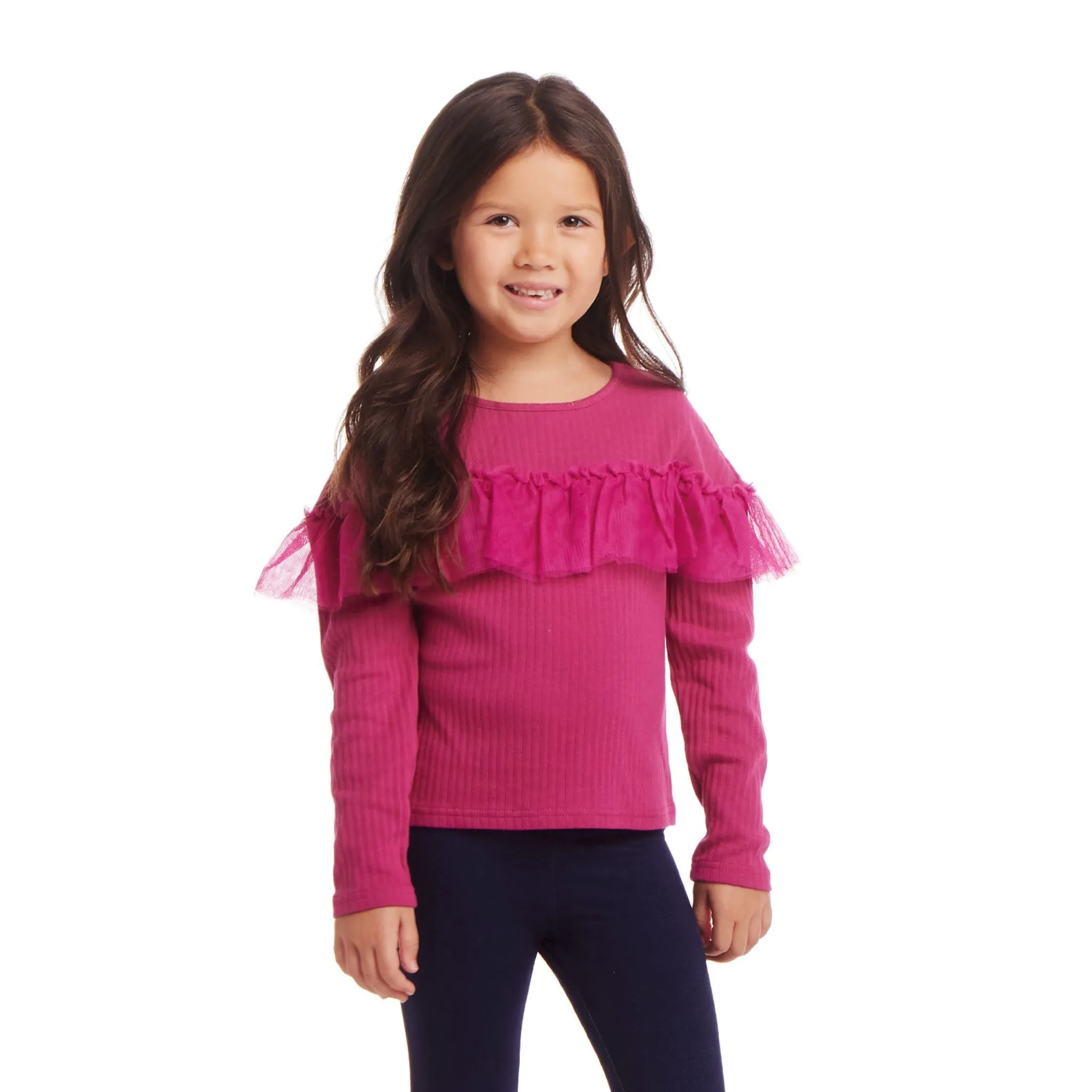 Kids Rib Knit Long Sleeve Ruffle Top | Hot Pink