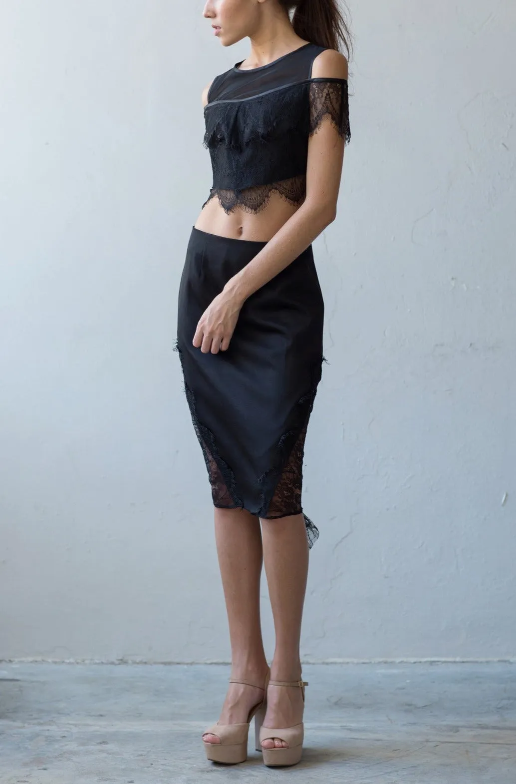 Leah fitted skirt with lace drape in black