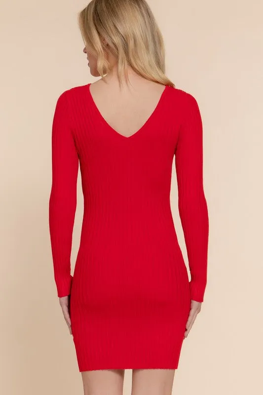 LUCY LONG SLV V-NECK SWEATER MINI DRESS