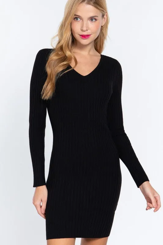 LUCY LONG SLV V-NECK SWEATER MINI DRESS