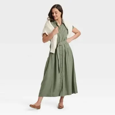 New - Women's Short Sleeve Belted Midi Shirtdress - Universal Thread Olive Green M