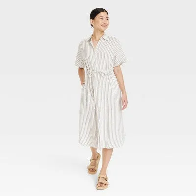 New - Women's Short Sleeve Linen Midi Shirtdress - A New Day™ Cream Striped L