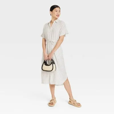 New - Women's Short Sleeve Linen Midi Shirtdress - A New Day™ Cream Striped S