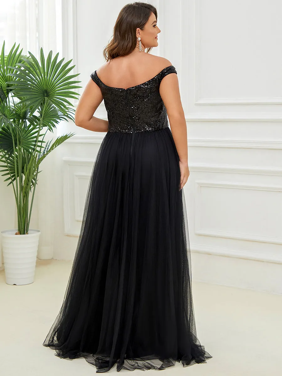 Plus Size Wholesale High Waist Tulle & Sequin Sleeveless Evening Dress