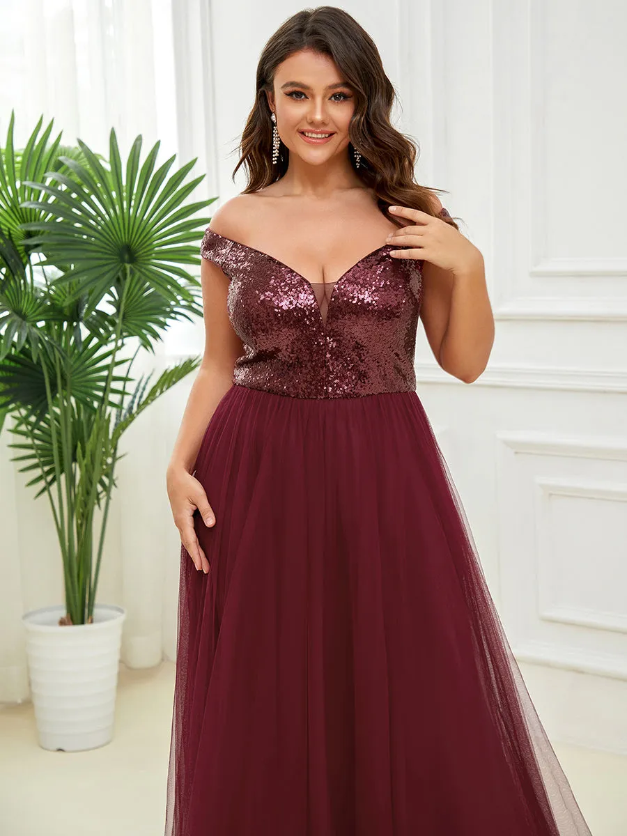 Plus Size Wholesale High Waist Tulle & Sequin Sleeveless Evening Dress