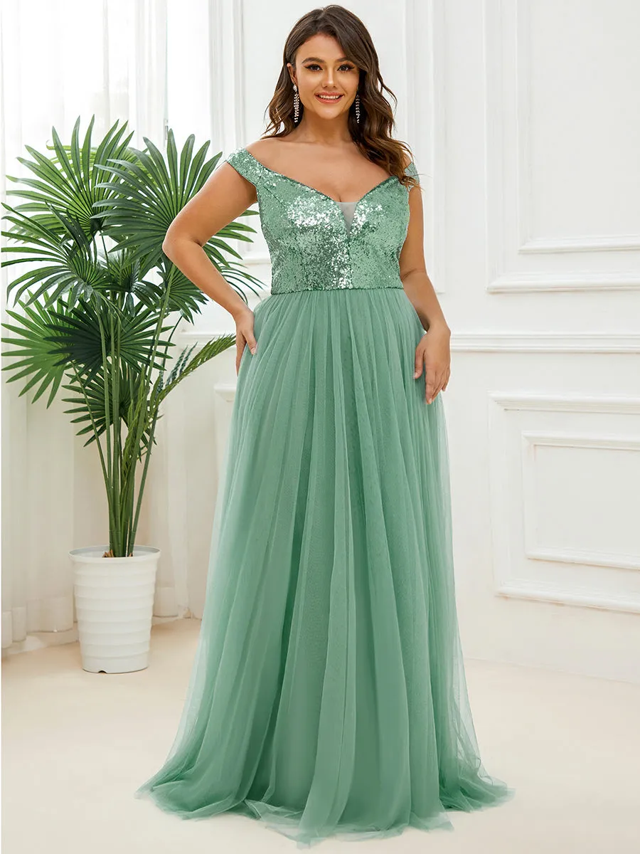 Plus Size Wholesale High Waist Tulle & Sequin Sleeveless Evening Dress