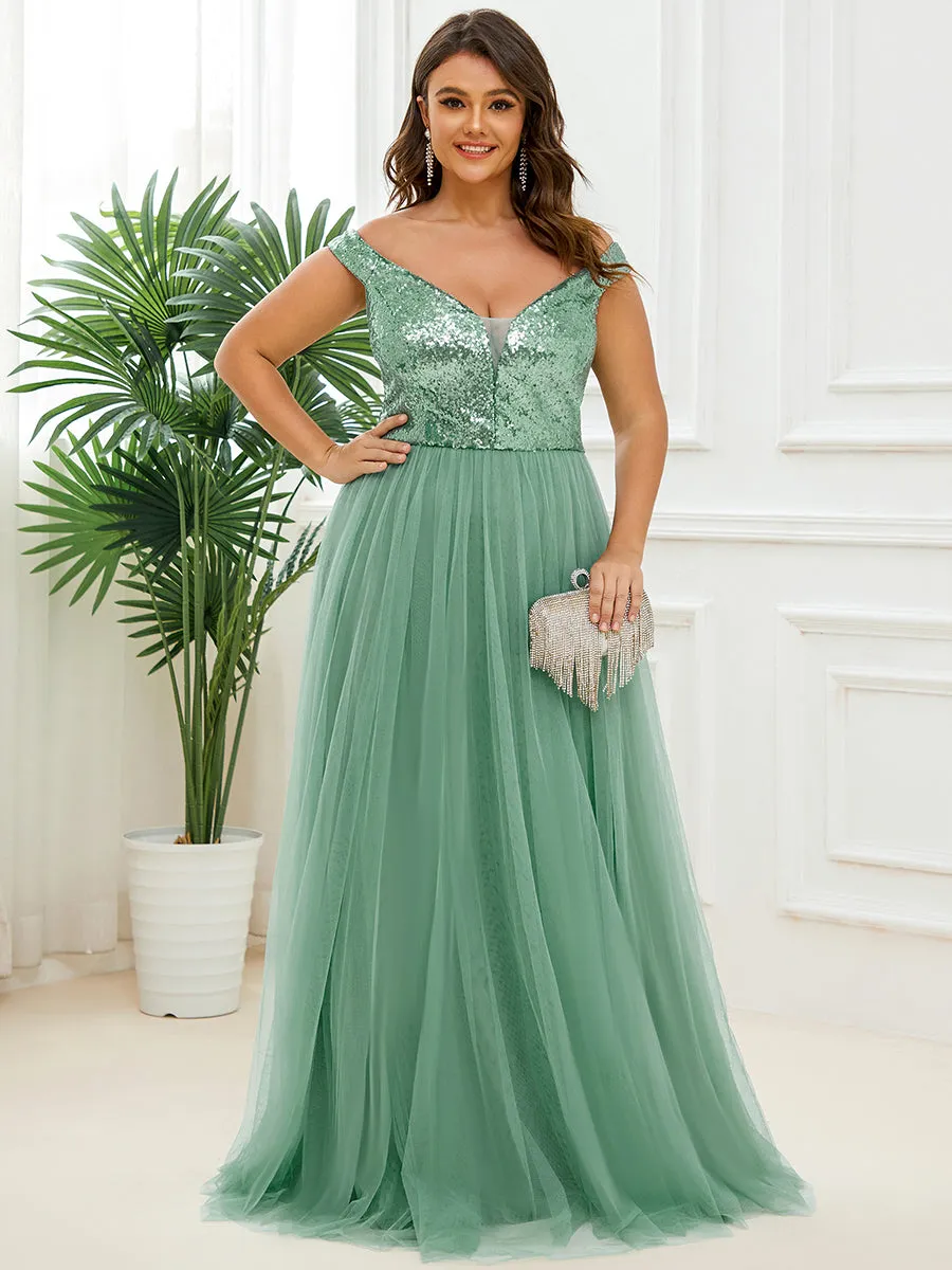 Plus Size Wholesale High Waist Tulle & Sequin Sleeveless Evening Dress