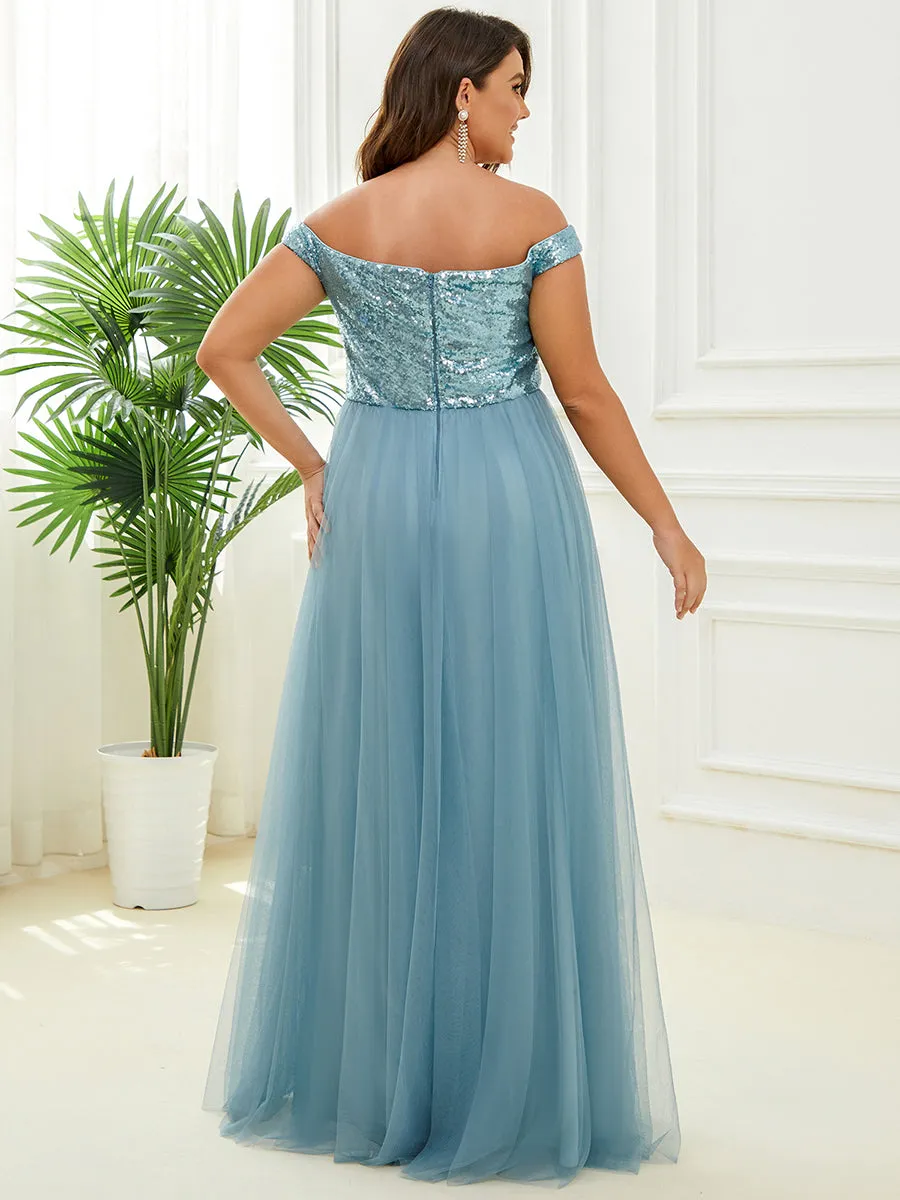 Plus Size Wholesale High Waist Tulle & Sequin Sleeveless Evening Dress