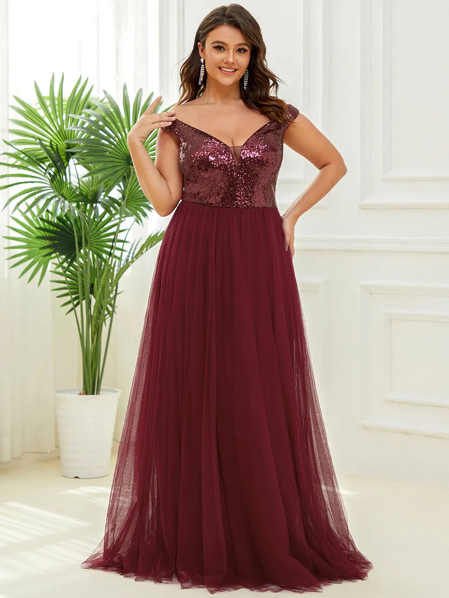 Plus Size Wholesale High Waist Tulle & Sequin Sleeveless Evening Dress