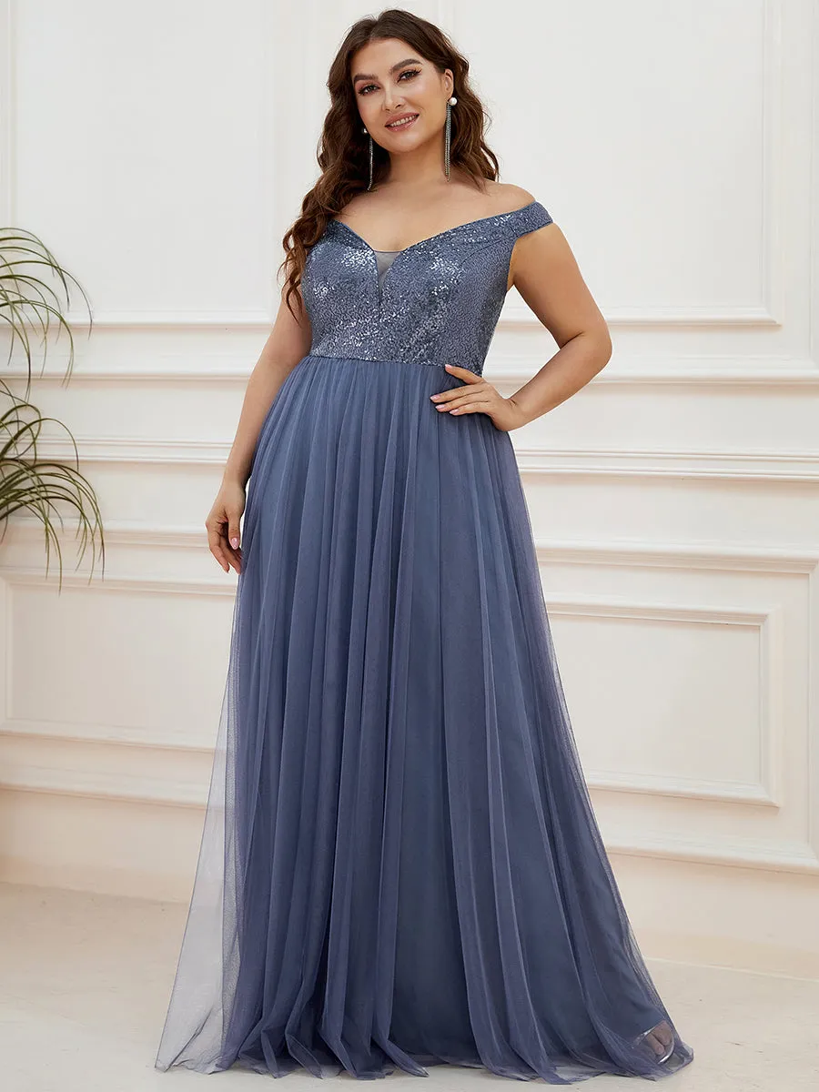 Plus Size Wholesale High Waist Tulle & Sequin Sleeveless Evening Dress