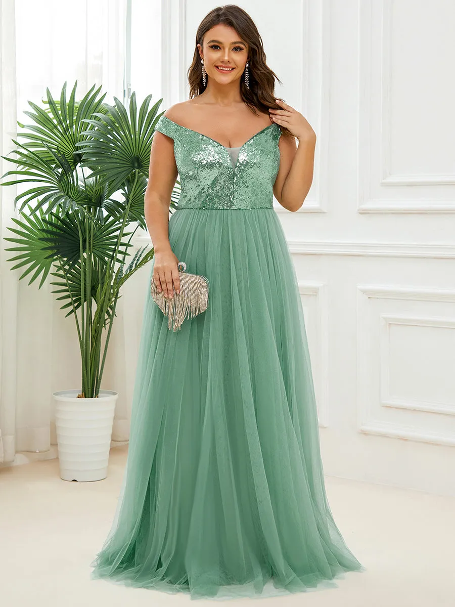 Plus Size Wholesale High Waist Tulle & Sequin Sleeveless Evening Dress