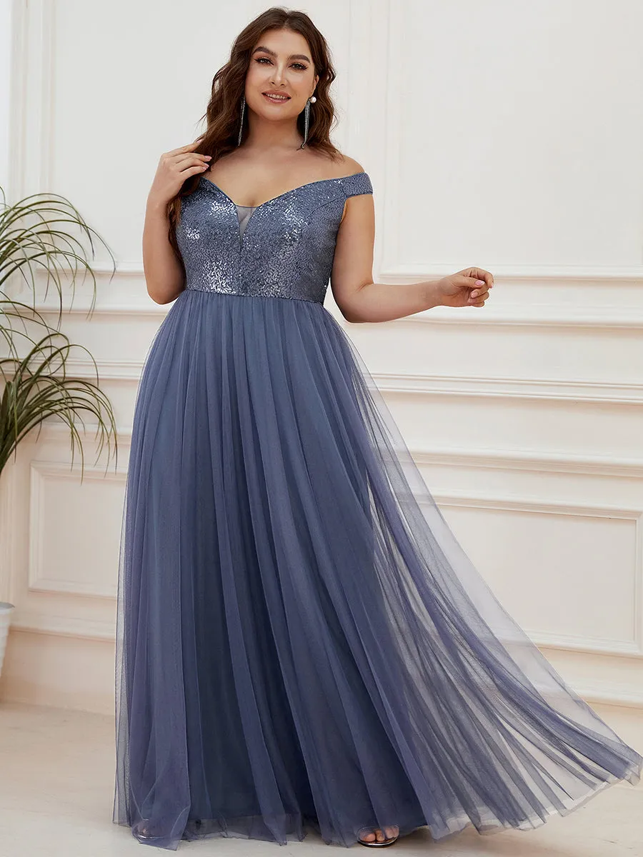 Plus Size Wholesale High Waist Tulle & Sequin Sleeveless Evening Dress