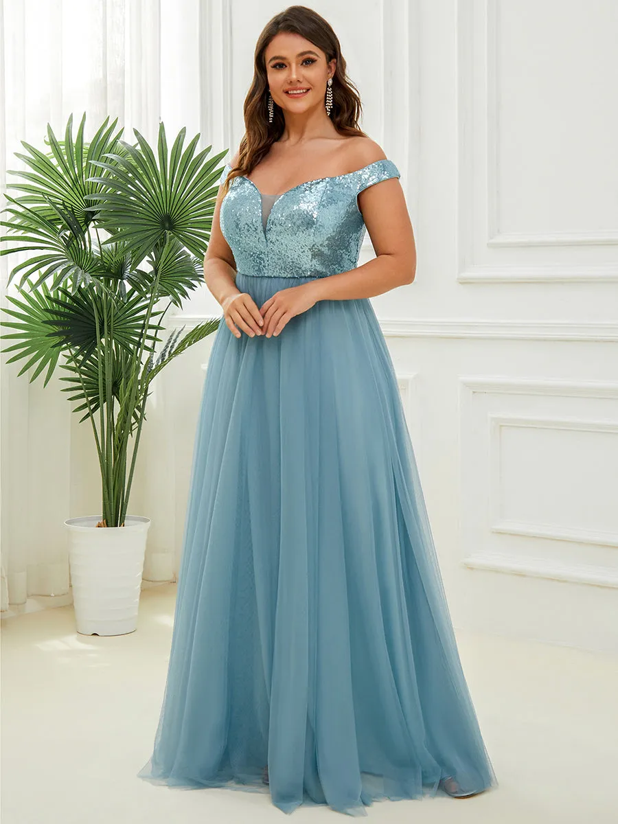 Plus Size Wholesale High Waist Tulle & Sequin Sleeveless Evening Dress