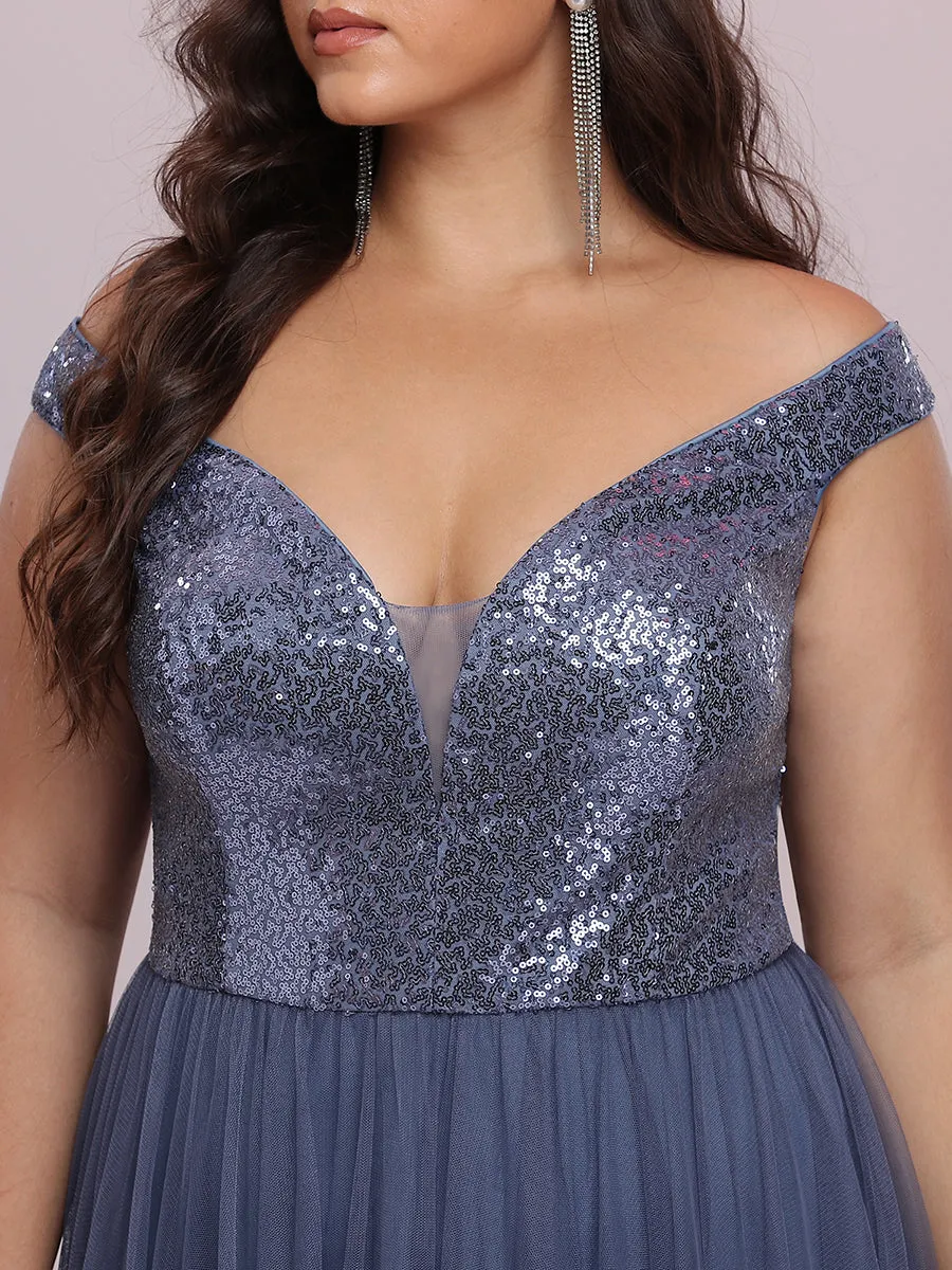 Plus Size Wholesale High Waist Tulle & Sequin Sleeveless Evening Dress