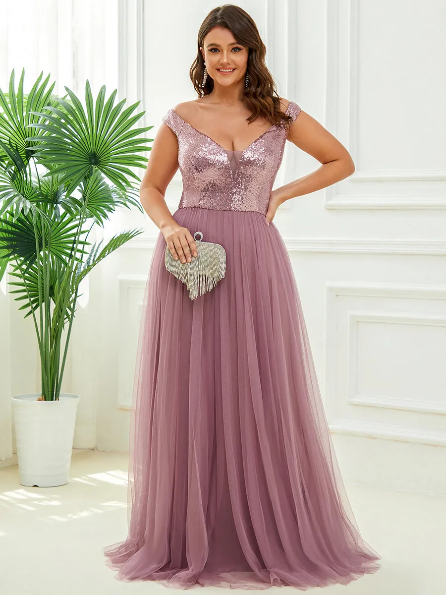 Plus Size Wholesale High Waist Tulle & Sequin Sleeveless Evening Dress