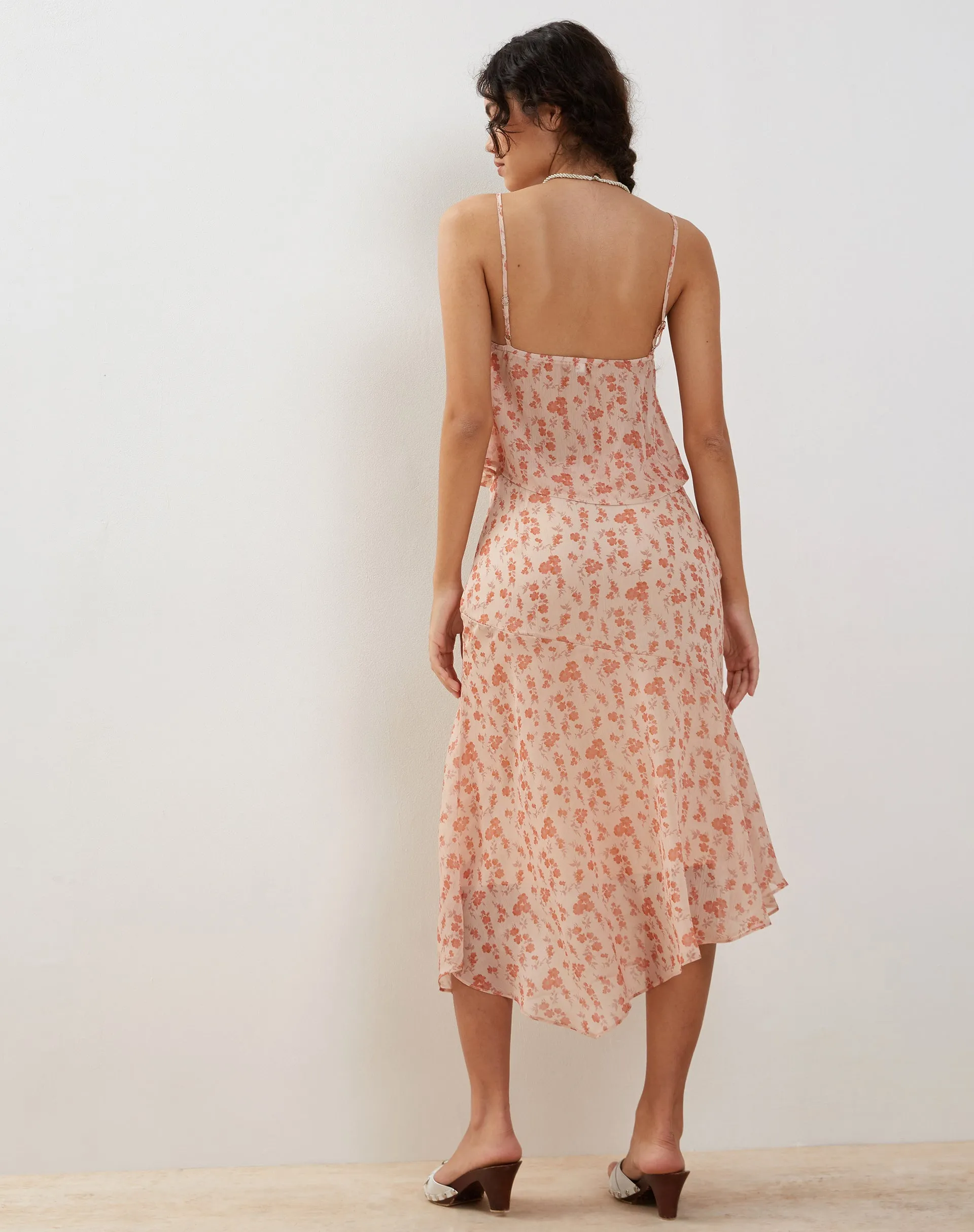 Rans Waterfall Hem Chiffon Midi Skirt in Peach Cherry Blossom