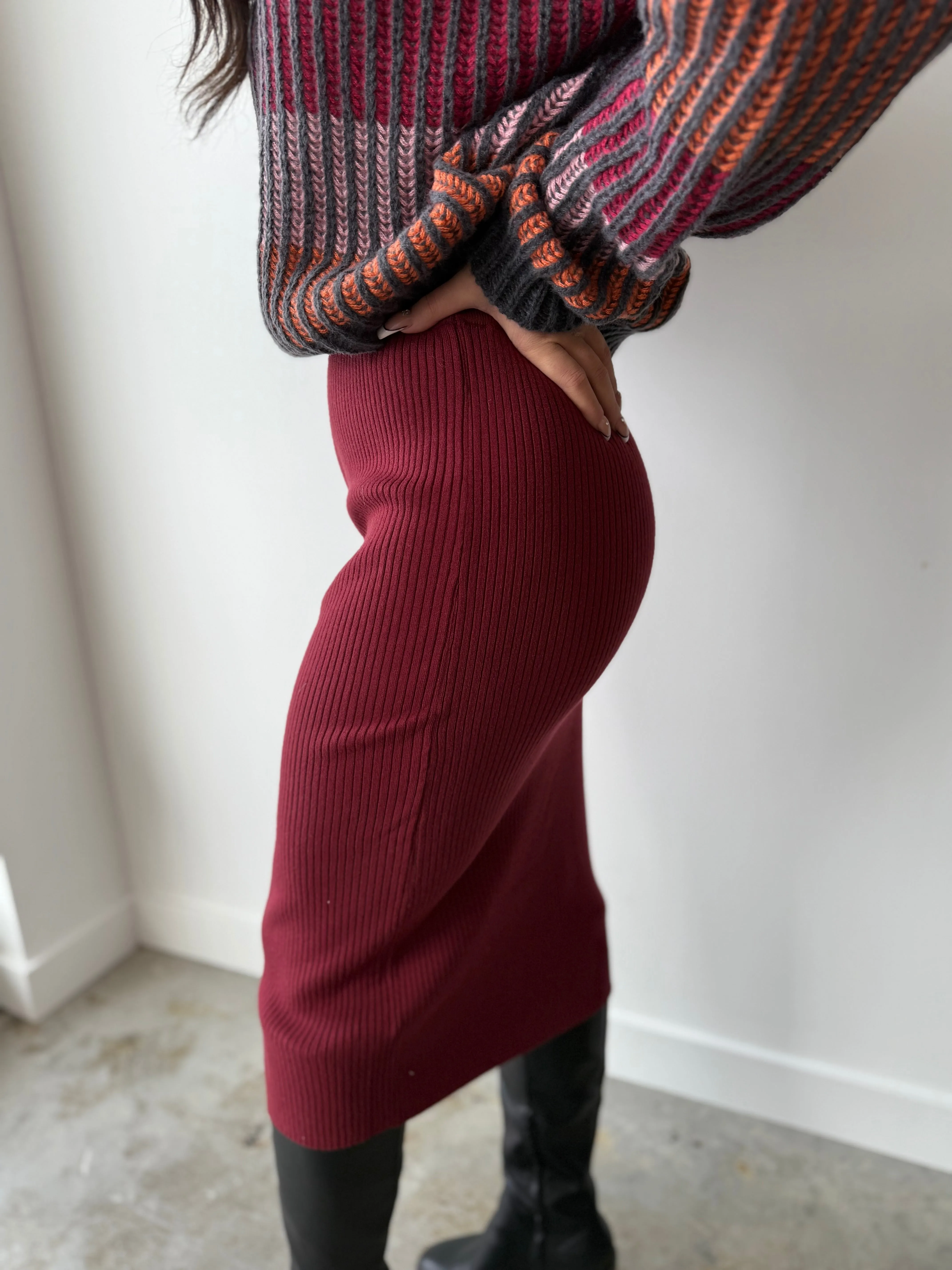 Rib Knit Midi Skirt - Burgundy