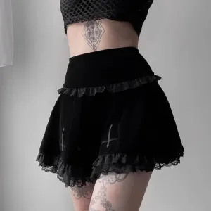 Sexy Lace Casual Gothic Stylish Embroidery Summer Trim Fashion Black Skirt