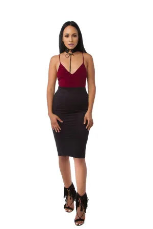 THE MYSTYLEMODE BURGUNDY V NECK LOW BACK DOUBLE LINED ESSENTIAL BODYSUIT