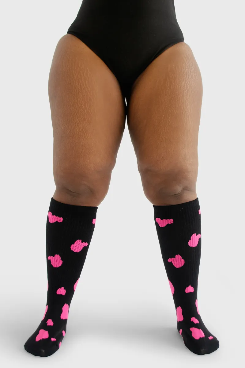 Under the Knee - Cow Print (Black w/Neon Pink Spots)