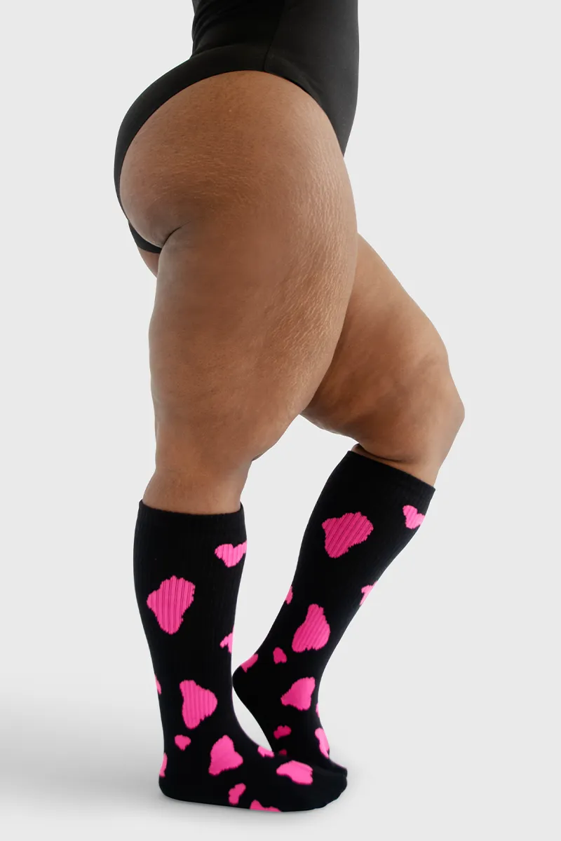 Under the Knee - Cow Print (Black w/Neon Pink Spots)