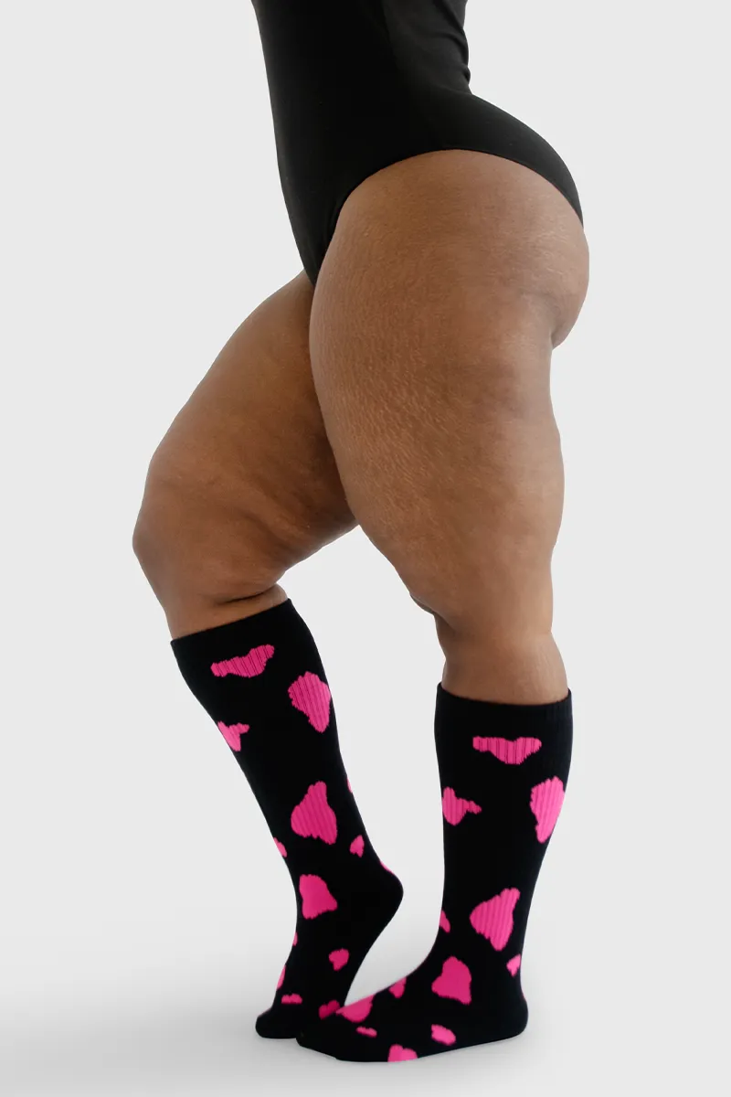 Under the Knee - Cow Print (Black w/Neon Pink Spots)