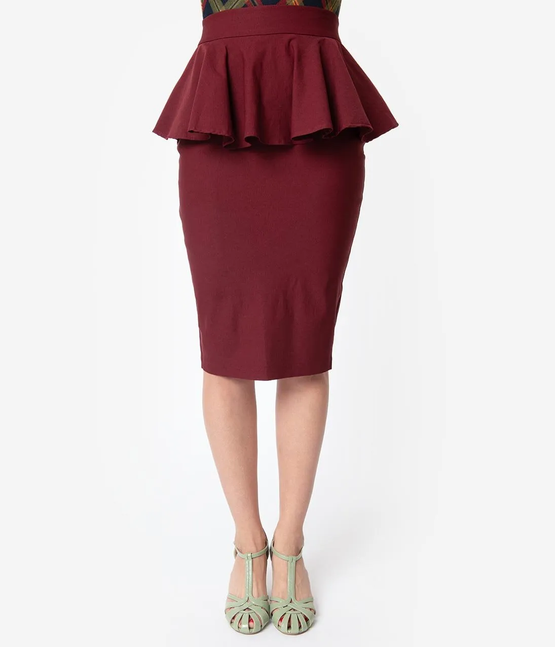 Unique Vintage 1940s Burgundy Stretch Peplum Boulevard Pencil Skirt