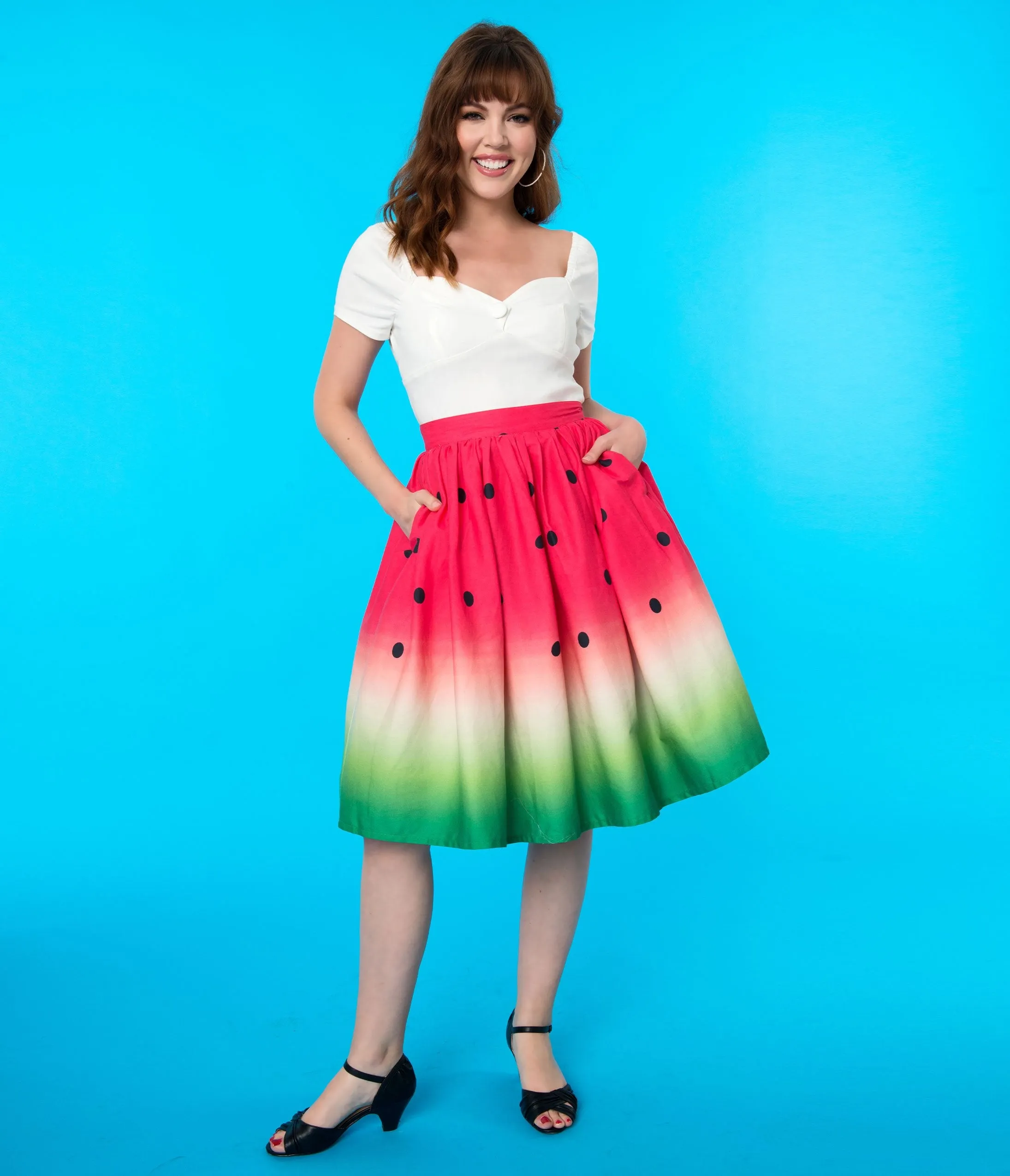 Unique Vintage 1950s High Waist Watermelon Circle Swing Skirt