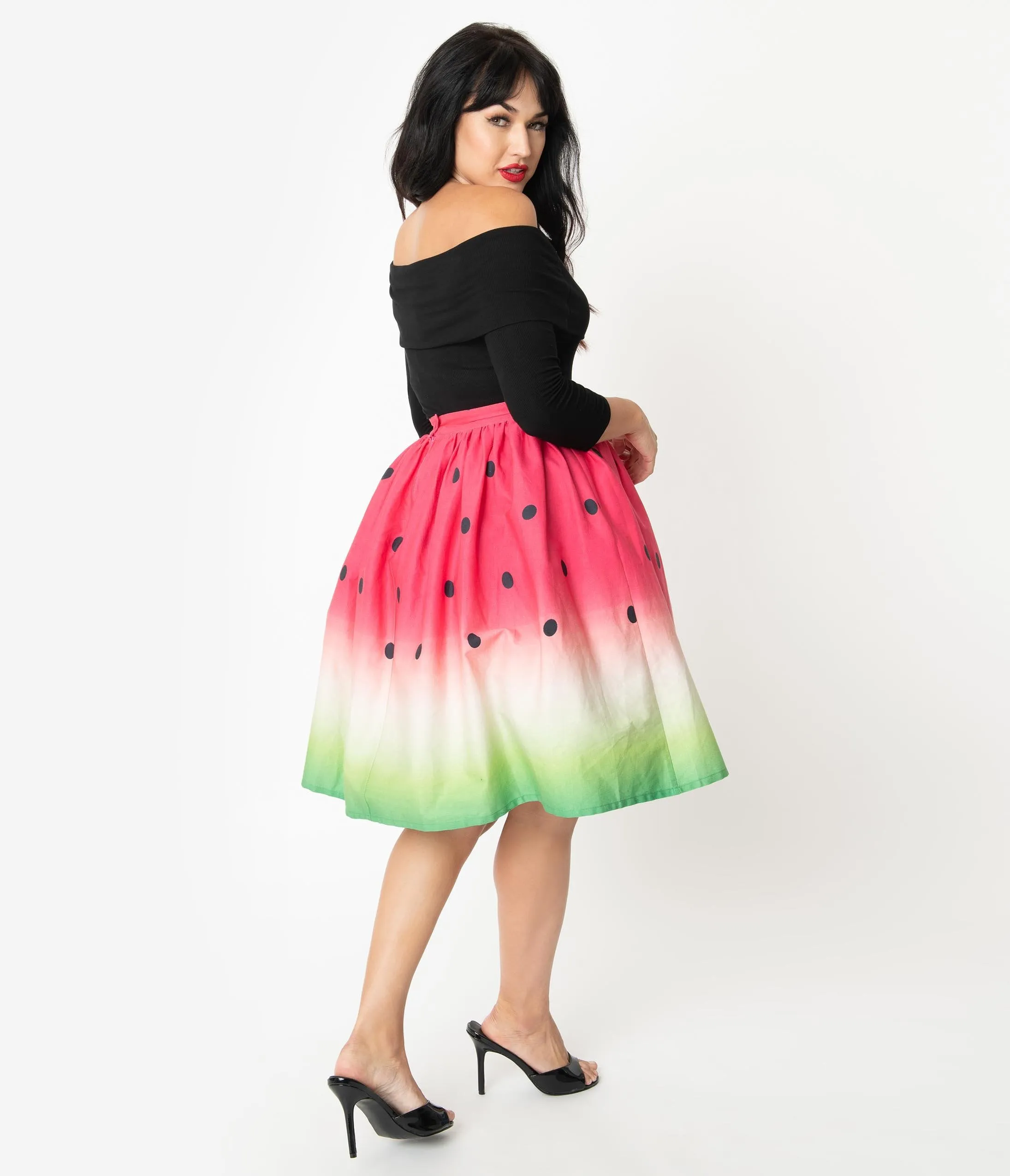 Unique Vintage 1950s High Waist Watermelon Circle Swing Skirt