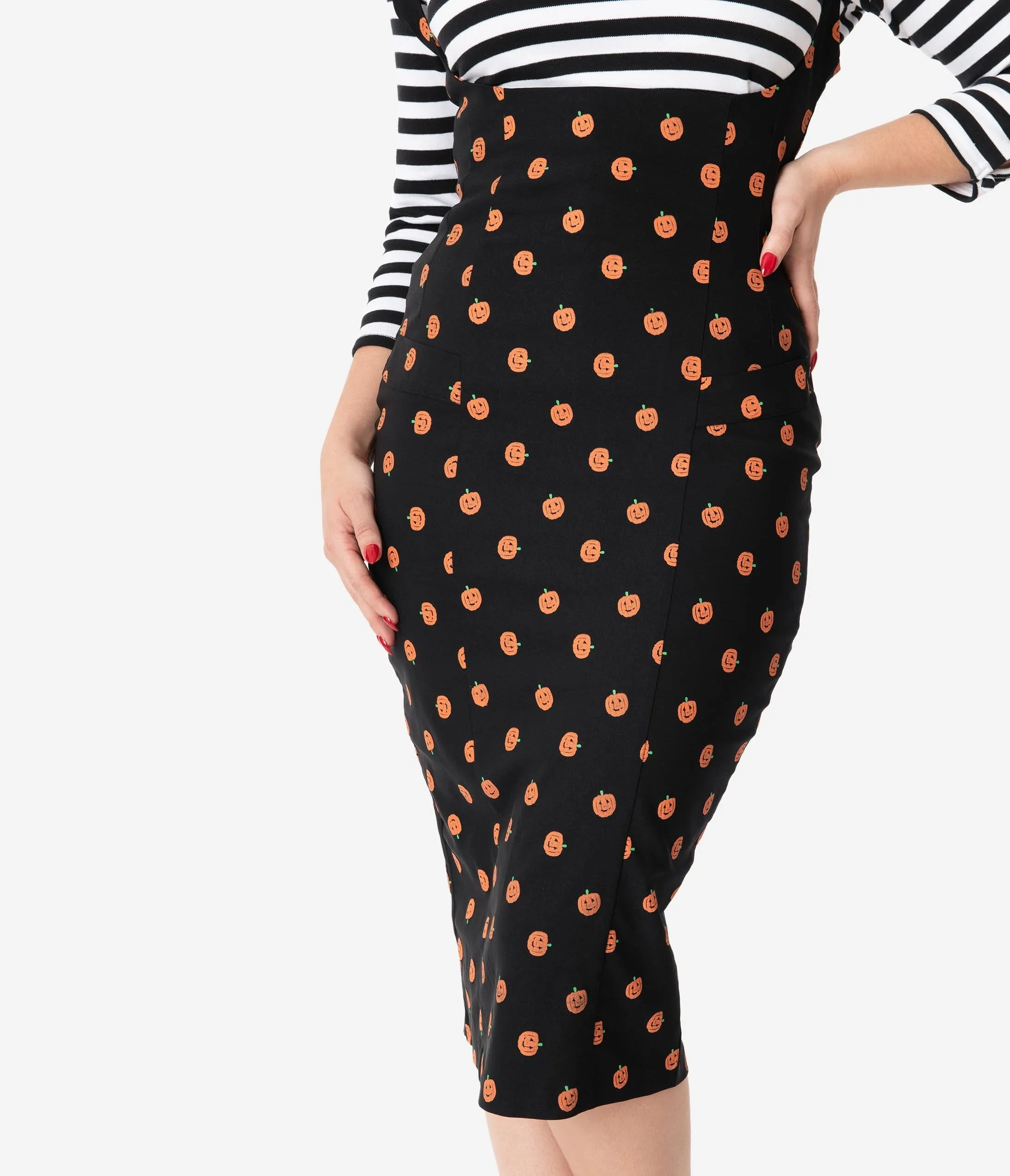 Unique Vintage Black & Orange Pumpkin Patch Fontaine Suspender Pencil Skirt